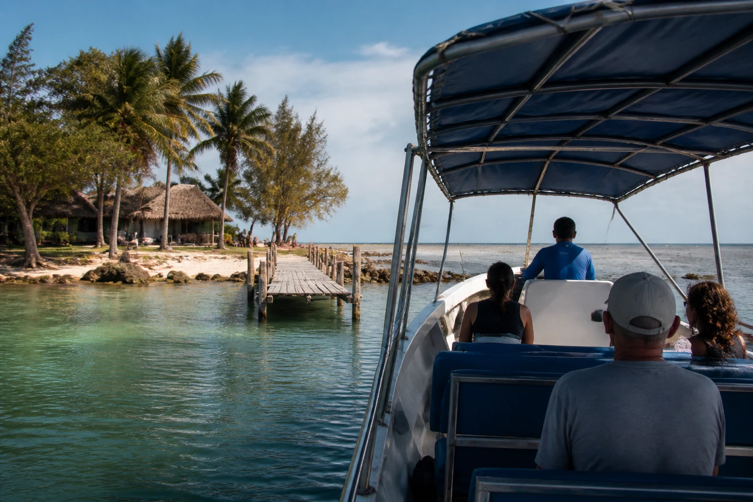 Boat arriving at a dock near South Water Caye