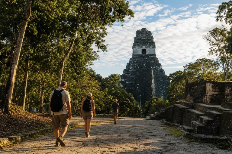 Travelers walking toward a Maya temple in the forest at Tikal