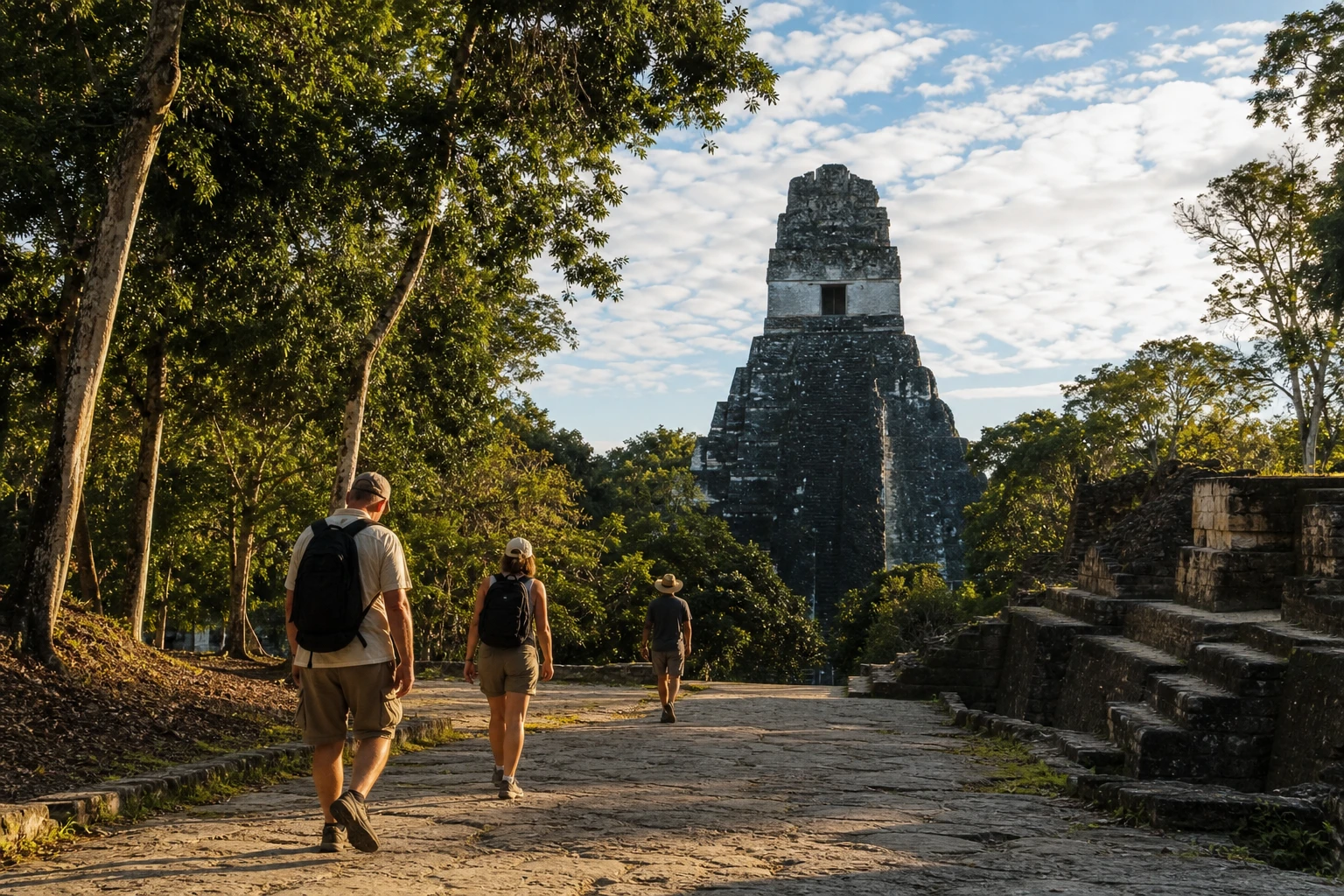 Travelers walking toward a Maya temple in the forest at Tikal