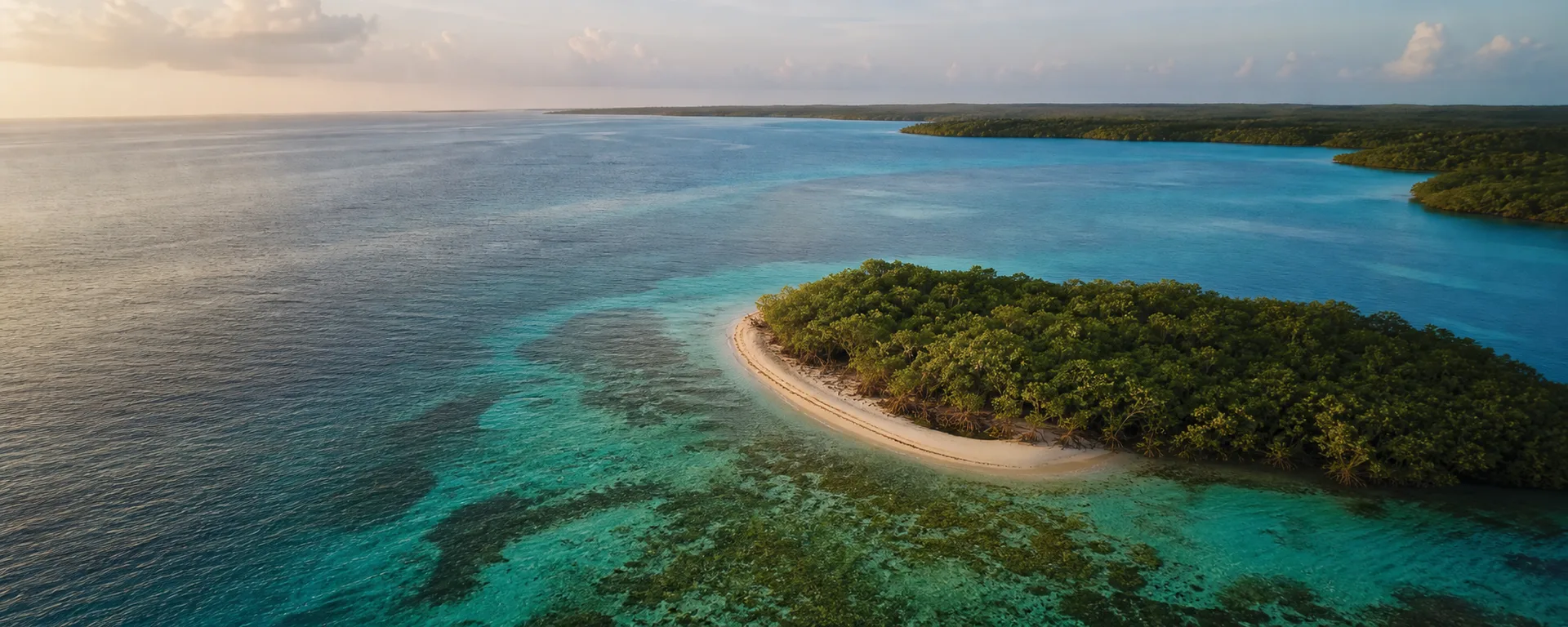 Aerial view of turquoise reef water and a mangrove caye on the Belize coast