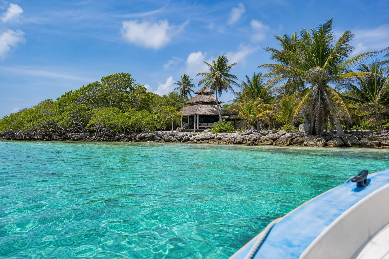 Boat approaching a low-lying tropical shoreline at Turneffe Atoll, Belize