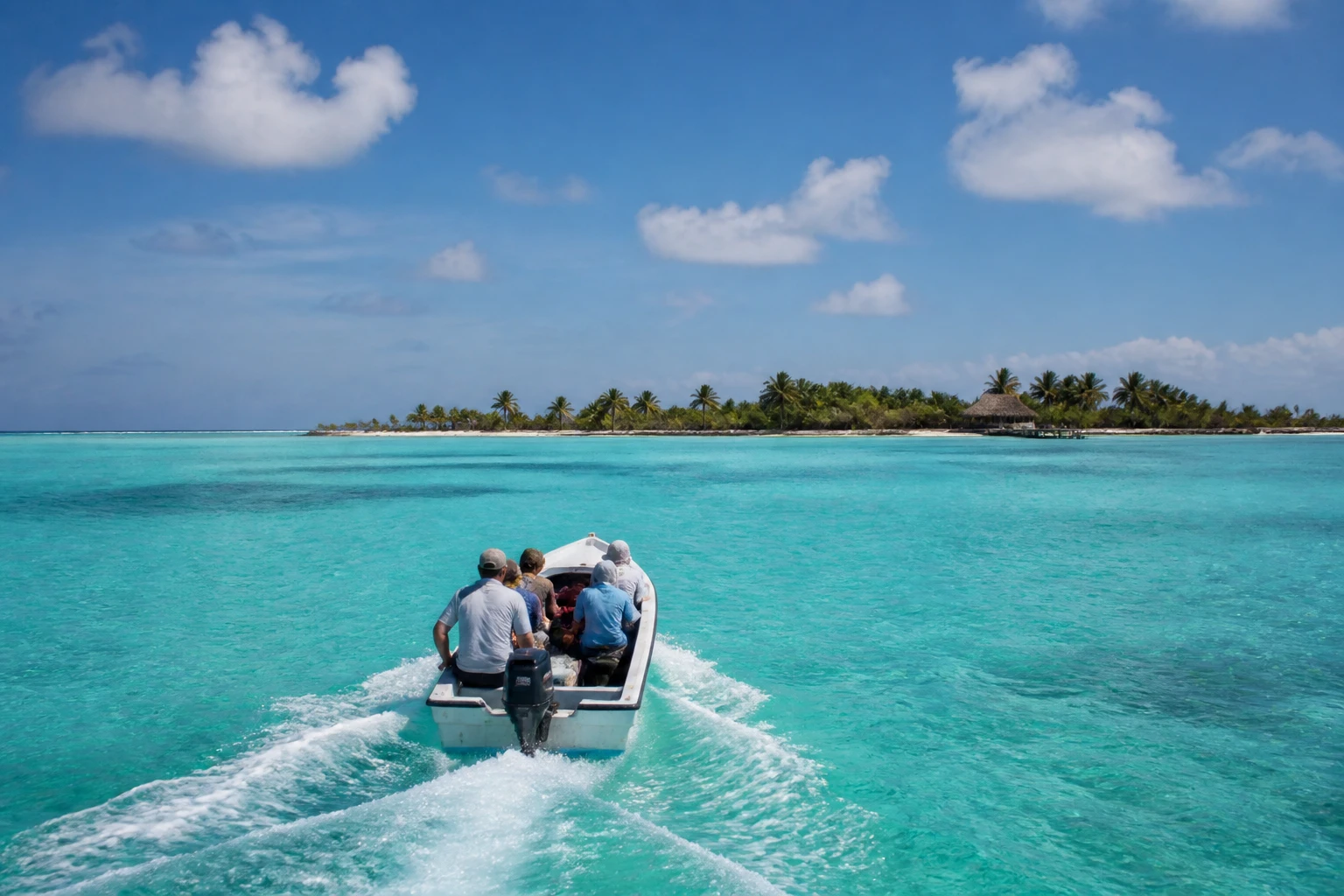 Small boat traveling across turquoise water toward Turneffe Atoll
