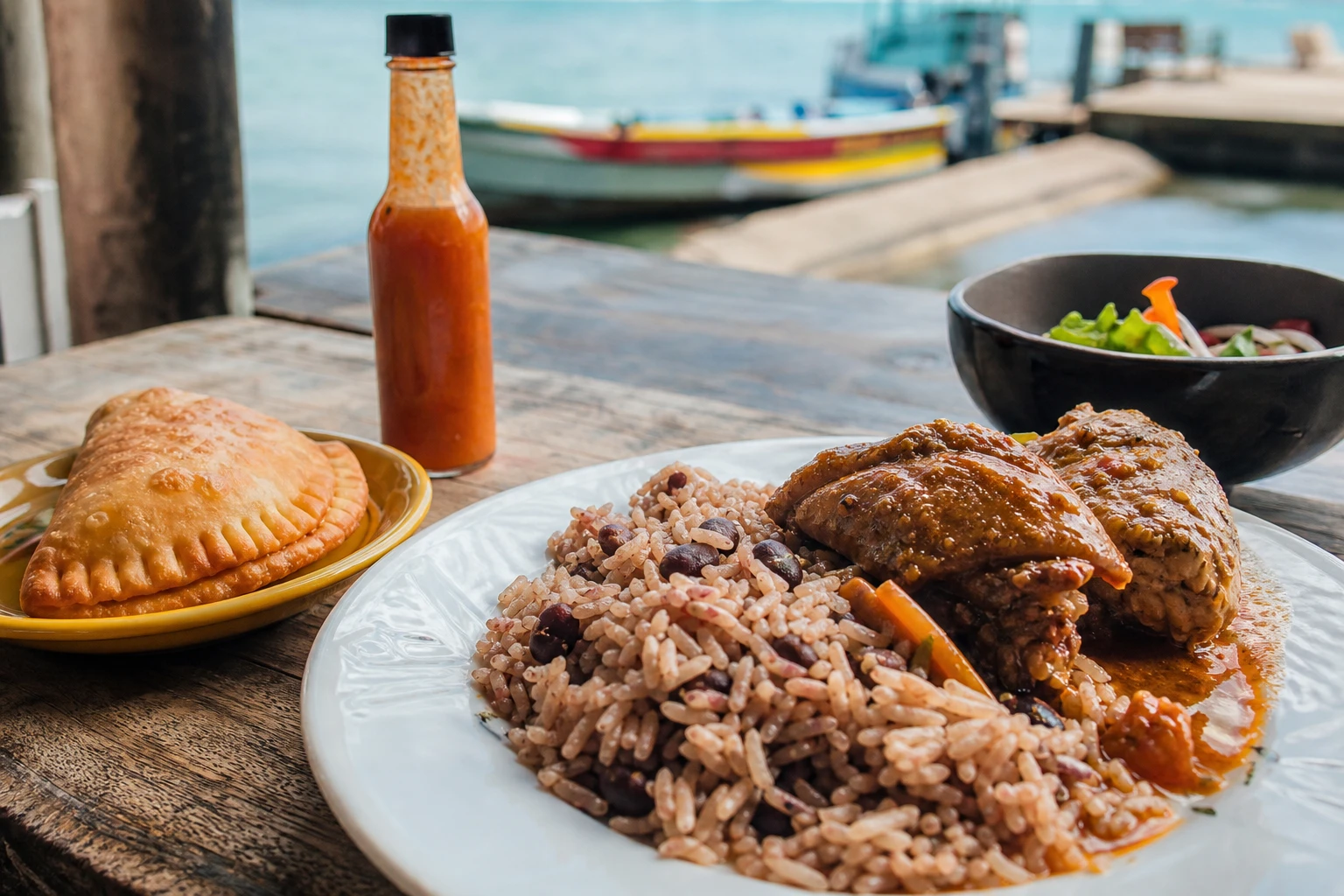 Belizean rice and beans with chicken and a meat pie on a tropical table